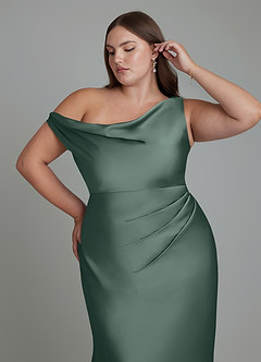 Azazie Emerson Bridesmaid Dresses Sea Moss Mermaid Off the Shoulder Stretch Satin Dress image12