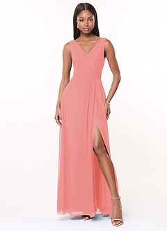 Azazie Karina Bridesmaid Dresses Coral A-Line Pleated Chiffon Dress image1