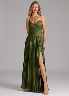 Azazie Vini Bridesmaid Dresses Olive A-Line Pleated Stretch Satin Dress image4