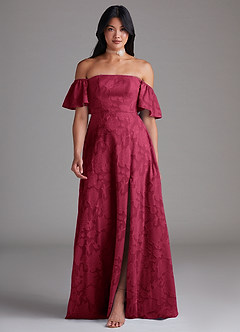 Azazie Sue Bridesmaid Dresses Burgundy A-Line Off the Shoulder Floral Burnout Convertible Dress image1