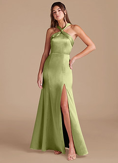 Azazie Rue Bridesmaid Dresses Pistachio Sheath Pleated Metallic Satin Dress image3