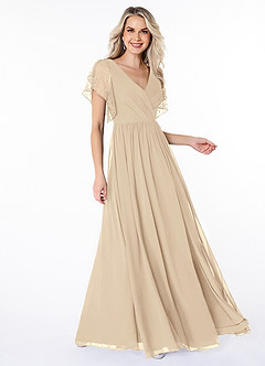 Azazie Zella At-home Try On Dresses Champagne A-Line Lace Chiffon Dress image3