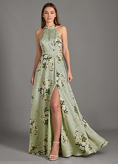 Azazie Clarice Bridesmaid Dresses Floral Vines A-Line High Neck Stretch Satin Dress image4