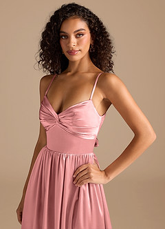 Azazie Zeya Bridesmaid Dresses Rosette A-Line Pleated Metallic Satin Dress image3
