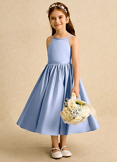 Azazie Indi Flower Girl Dresses Ice A-Line Bow Matte Satin Dress image4