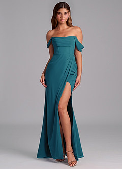 Azazie Johana Robes de demoiselle d'honneur Robe Sirène Convertible en Mousseline de soie Épaule décolletée Bleu Encre image3