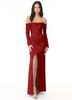 Azazie Hallie Bridesmaid Dresses Pomegranate Sheath Off-The-Shoulder Long Sleeve Stretch Satin Convertible Dress image3