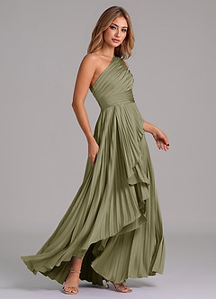 Azazie Lyrica Vestidos de damas de honor Vestido de Pistacho de Satén Elástico de Corte en A con Hombro unilateral image3