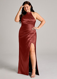 Azazie Jemma Robes de demoiselle d'honneur Robe Fourreau en Satiné métallisé Plissée Terracotta image8