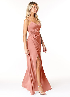 Azazie Marchella Bridesmaid Dresses Coral A-Line Corset Stretch Satin Dress image5