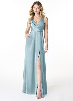 Azazie Nelly Bridesmaid Dresses Moody Blue A-Line V-Neck Pleated Stretch Satin Dress image1