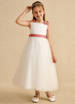 Azazie Lilli Blumenmädchenkleider A-Linie Schleifen Tüll Kleid Elfenbein Lachsrosa image5