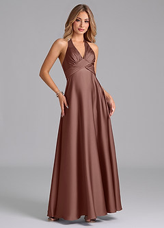 Azazie Tessie Bridesmaid Dresses Espresso A-Line Pleated Stretch Satin Dress image5