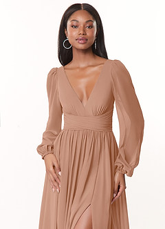 Azazie Norah Brautjungfernkleider A-Linie Lange Ärmel mit V-Ausschnitt Chiffon Kleid Champagner Rosa image5