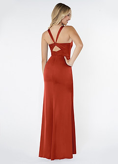 Azazie Mero Bridesmaid Dresses Rust Sheath Pleated Stretch Satin Dress image3