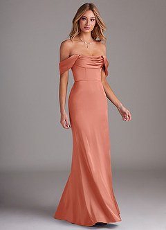 Azazie Saige Abiti da Damigella Abito Tubino in Raso Elasticizzato a Spalla Scoperta Salmone Rosa image6