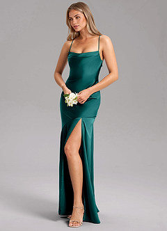Azazie Grata Bridesmaid Dresses Peacock Sheath Side Slit Stretch Satin Dress image4