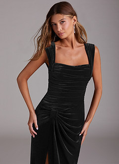 Azazie Genesis Bridesmaid Dresses Black Sheath Pleated Velvet Dress image2
