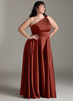 Azazie Charlize Robes de demoiselle d'honneur Robe Trapèze en Satin extensible Ue épaule Terracotta image4