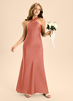 Azazie Doretta Junior Salmon Pink A-Line Pleated Stretch Satin Dress image5