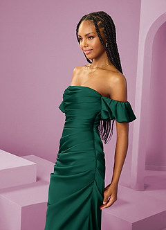 Barbie ♥ Azazie Bridesmaid Dresses Emerald Sheath Off the Shoulder Stretch Satin Convertible Dress image6