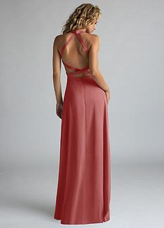 Azazie Clarice Bridesmaid Dresses Antique Rose A-Line High Neck Stretch Satin Dress image3