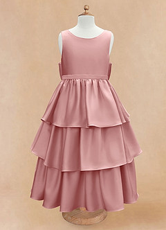 Azazie Margie Robe Demoiselle D'honneur Fillette Robe Trapèze en Satin extensible Arc Rose Poussiéreuse image4
