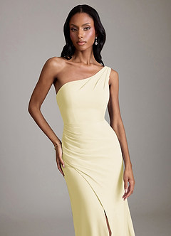 Azazie Madelyn Vestidos de damas de honor Vestido de Sorbete De Limón de Gasa de Corte Sirena Convertible con Hombro unilateral image8
