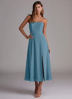 Azazie Wren 신부 들러리 드레스 A라인 스트랩리스 쉬폰 티 길이 드레스 image4