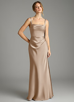 Azazie Alouette Bridesmaid Dresses Taupe Mermaid Pleated Stretch Satin Dress image1