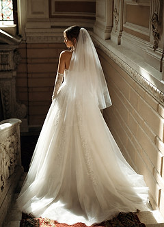 front Simple Two-Tier Fingertip Drop Wedding Veil with Blusher