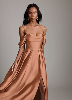 Azazie Loisa Abiti da Damigella Abito A-Line in Raso Elasticizzato a Spalla Scoperta Bronzo image3