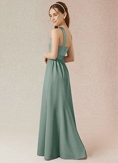 Azazie Jiya Junior Silver Sage A-Line Pleated Stretch Satin Dress image3