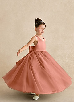 Azazie Peanut Robe Demoiselle D'honneur Fillette Robe Trapèze en Tulle Bretelle Mai Tai image5