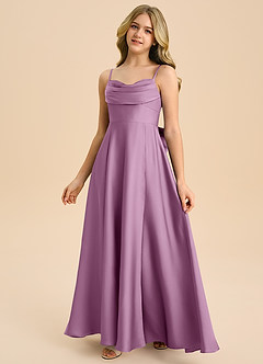 Azazie Bear Junior A라인 스윗하트 네크라인 스트레치 새틴 플로어 길이 주니어 신부 들러리 드레스 image4