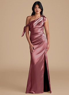 Azazie Xyla Bridesmaid Dresses Vintage Mauve Sheath Off the Shoulder Metallic Satin Convertible Dress image1