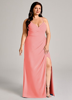 Azazie Maci Bridesmaid Dresses Coral Sheath Pleated Chiffon Dress image11