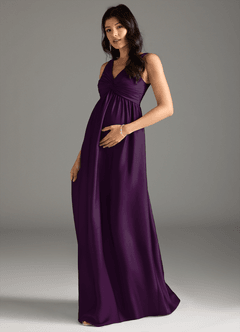 Azazie Yetta Maternity Bridesmaid Dresses A-Line Pleated Stretch Satin Floor-Length Dress image1