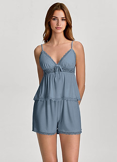 front Pyjama-Set aus weichem Viskose-Unterhemd und Shorts mit V-Ausschnitt und mehrlagigen Spitzeneinsätzen
