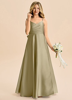 Azazie Rumi Junior Vestido de Musgo Verde de Satén Elástico de Corte en A con Plisado image4