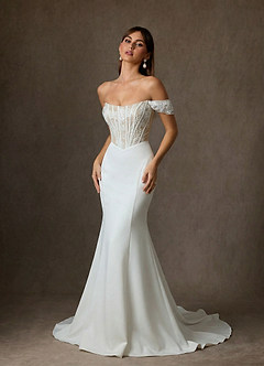 Azazie Yamelle Hochzeitskleider Meerjungfrau-Linie Schulterfrei Satin Kleid Diamantweiß Nude image4