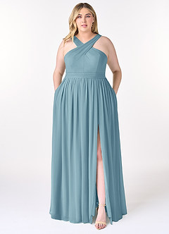 Azazie Elvira Bridesmaid Dresses Moody Blue A-Line Pleated Chiffon Dress image7