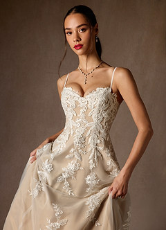 Azazie Madeleine Wedding Dresses Diamond White Nude Ball-Gown Strapless Lace Dress image10