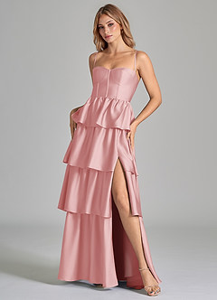 Azazie Faye Robes de demoiselle d'honneur Robe Trapèze en Satin extensible Rayé Rose Poudré image8