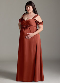 Azazie Rhea vestidos de dama de honor de maternidad Vestido de Corte En A Off The Shoulder Plisado Hasta el suelo Satén Elástico image11