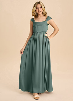 Azazie Hattie Junior Sea Moss A-Line Pleated Stretch Satin Dress image5