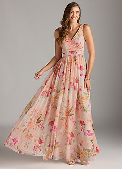 Azazie Keyla Bridesmaid Dresses Abstract Bouquet Floral A-Line V-Neck Pleated Chiffon Dress image3