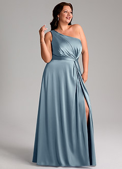 Azazie Brooke Vestidos de damas de honor Vestido de Azul Polvoriento de Satén Elástico de Corte en A con Hombro unilateral image11
