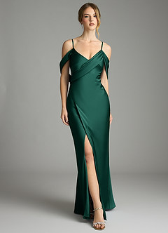 Azazie Malaya Final Sale Emerald Mermaid Pleated Stretch Satin Dress image1