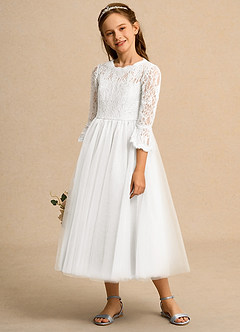 Azazie Lamb Girl Jurken voor bloemenmeisjes Baljurk Jurk van Kant Ivoor image3